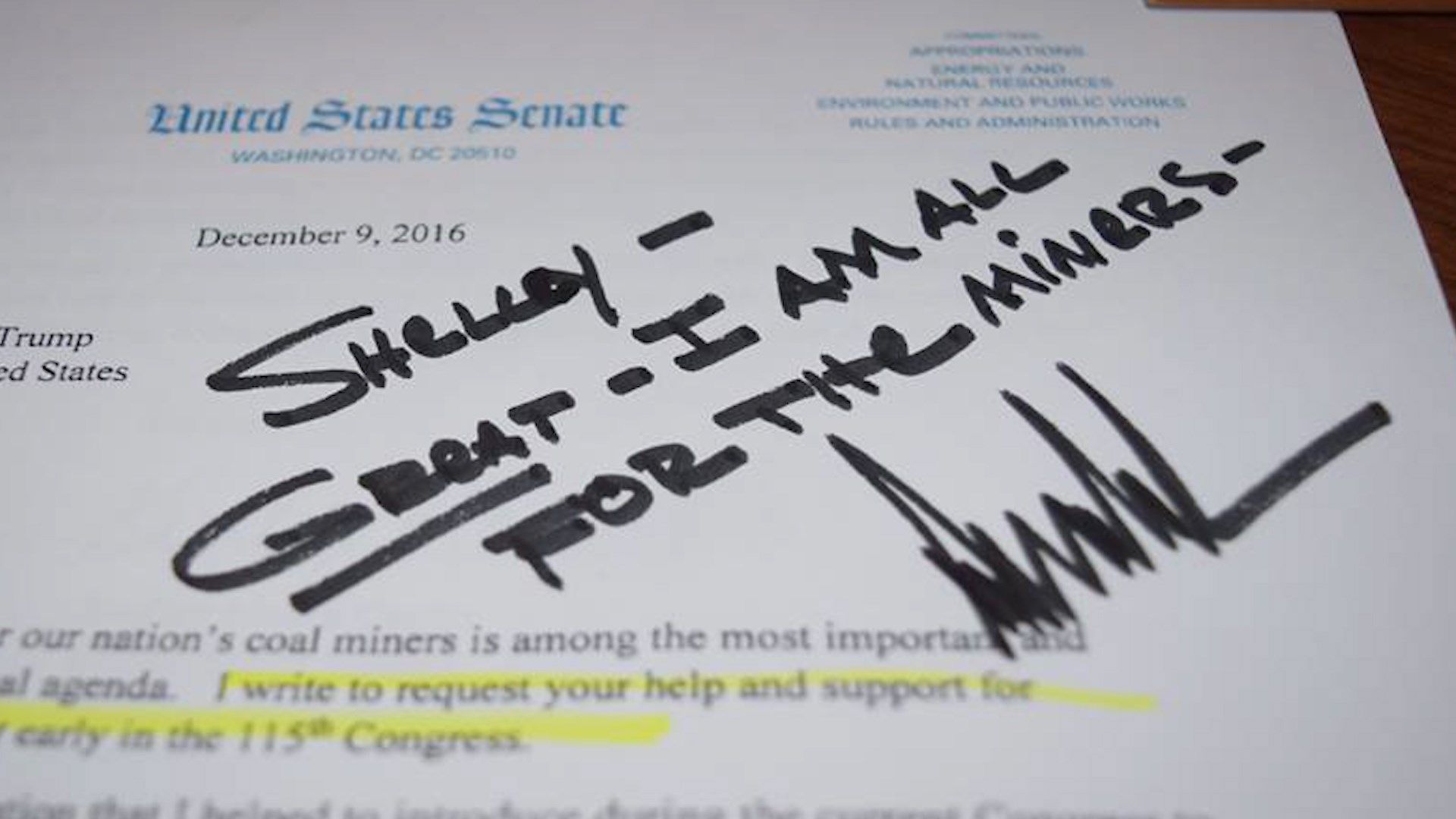 President Trump supports coal in note to Sen. Capito